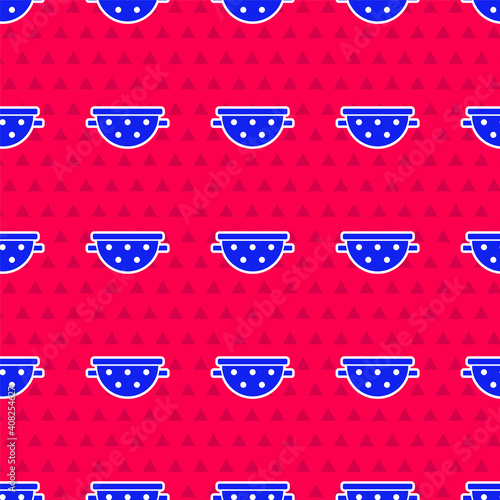 Blue Kitchen colander icon isolated seamless pattern on red background. Cooking utensil. Cutlery sign. Vector.