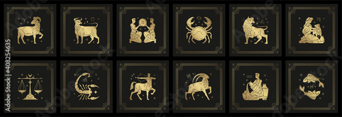 Zodiac astrology horoscope signs linocut silhouettes design vector illustrations set