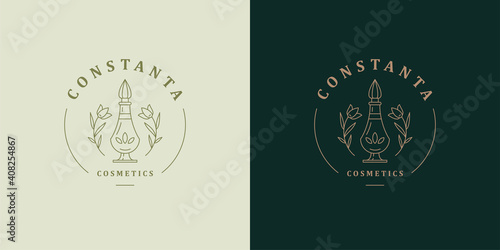 Flowers and elegant perfume glass bottle logo template linear vector illustration