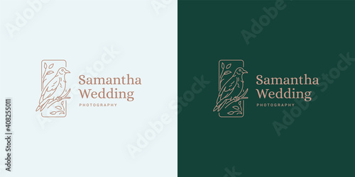 Bird sitting on branch logo template linear vector illustration