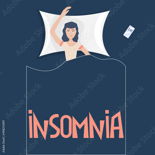 Insomnia. An unhappy girl in bed with sleep disorders. Lettering on a blanket. The concept of fatigue. Vector illustration in a flat style. A girl at night on a pillow with a phone
