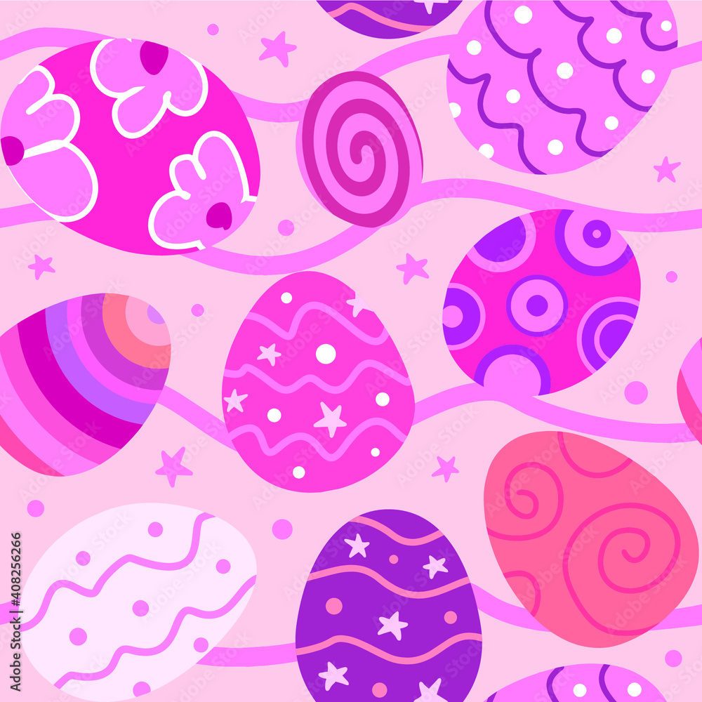 Naklejka premium Abstract easter eggs seamless pattern in pink tints on a wavy background. Vector.