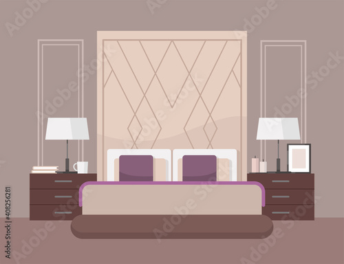 Luxurious bedroom in a classic style, large bed with a headboard, bedside table, lamp. Hotel room suite. Furniture store advertisement. Interior design in art deco style. Housewarming card