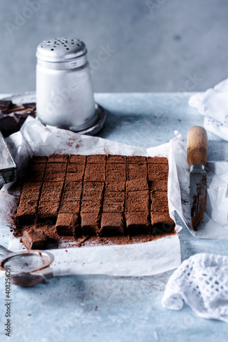 Chocolate ganache truffle squares dusted with cacao neatly cut into cubes photo