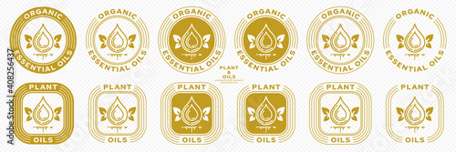 Conceptual stamps for product packaging. Marking - essential oil. Butter potassium with natural leaf-wings is a symbol of the natural flight of ingredients in the composition. Vector