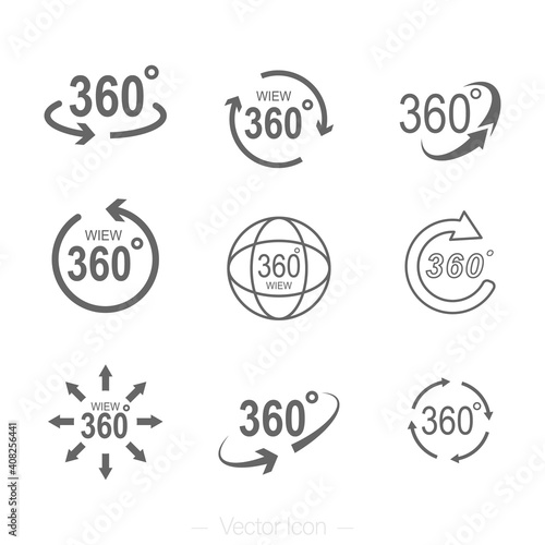 360 degrees rotating virtual reality set icons. VR view icon. Isolated vector illustration.
