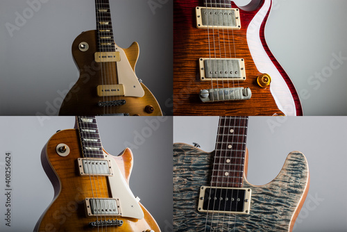 Collage of Electric guitar images, vintage electric guitar close-up in studio shot