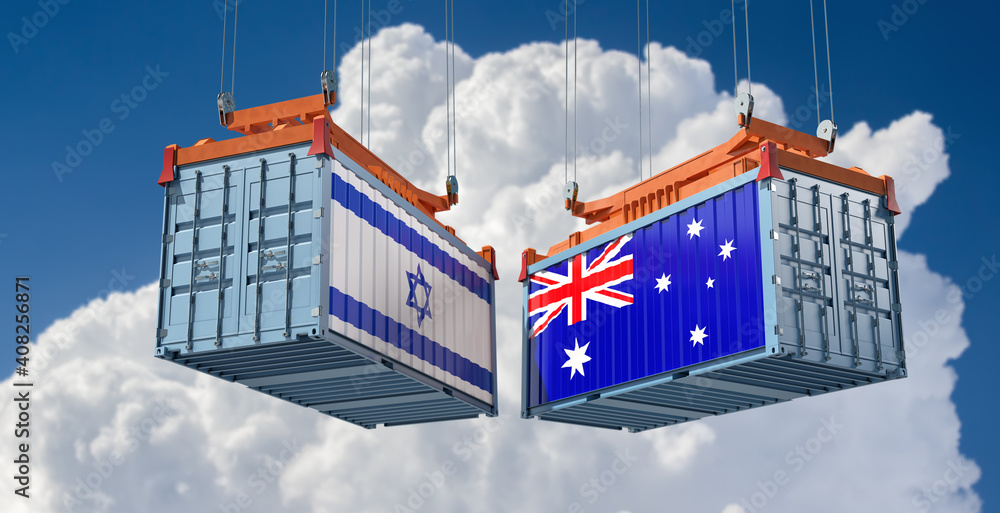 Naklejka premium Freight containers with Israel and Australia flag. 3D Rendering 