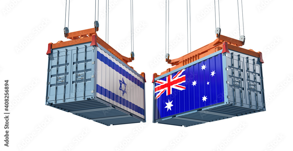 Freight containers with Israel and Australia flag. 3D Rendering Freight containers with Israel and Australia flag. 3D Rendering