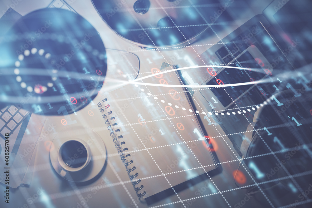 Multi exposure of forex chart drawing and work table top veiw. Concept of financial analysis. Multi exposure of forex chart drawing and work table top veiw. Concept of financial analysis.