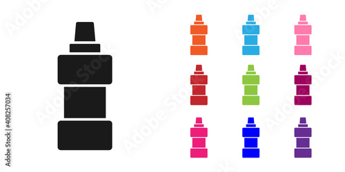 Black Plastic bottle for laundry detergent, bleach, dishwashing liquid or another cleaning agent icon isolated on white background. Set icons colorful. Vector.