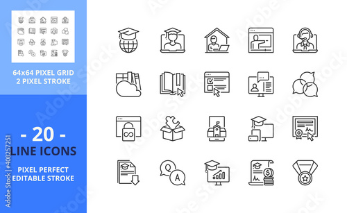 Line icons about online education. Pixel perfect 64x64 and editable stroke