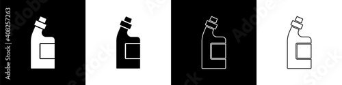 Set Plastic bottle for laundry detergent, bleach, dishwashing liquid or another cleaning agent icon isolated on black and white background. Vector.