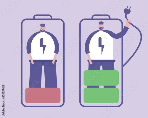 A man full of energy and with a lack of energy. High and low battery charge.
Psychology concept. Vector illustration  for telework, remote working and freelancing concept, business, start up