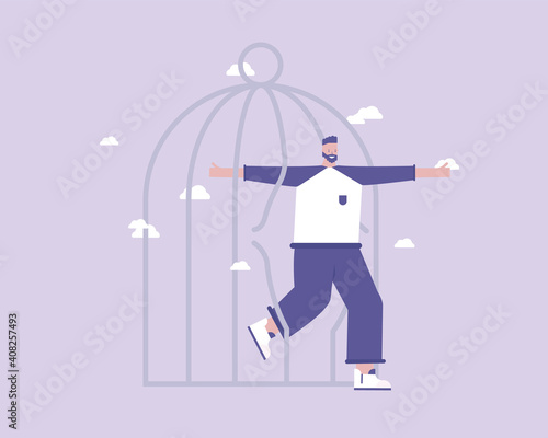 A man broke free. Freeing himself from inner blocks and clamps. 
Psychology concept. Vector illustration  for telework, remote working and freelancing concept, business, start up