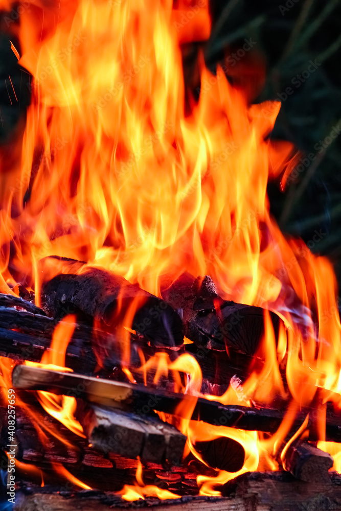A Fire with coals and fire on nature picnic background. Burns out a bonfire for food on the street A Fire with coals and fire on nature picnic background. Burns out a bonfire for food on the street