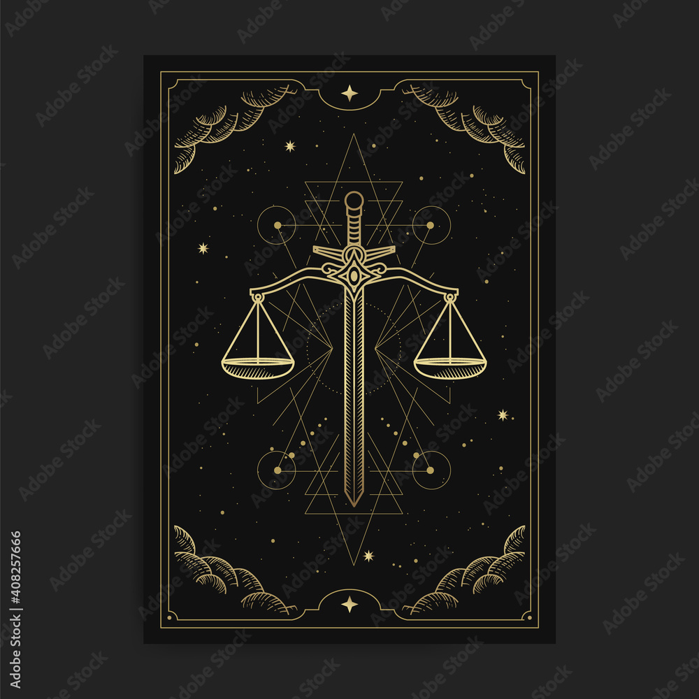 Scale of justice, sword shape in tarot cards, decorated with golden
