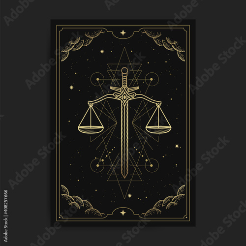 Scale of justice, sword shape in tarot cards, decorated with golden clouds, moon circulation, outer space and many stars