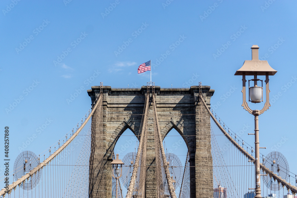 Fototapeta premium Brooklyn Bridge in New York City with complex cables installed