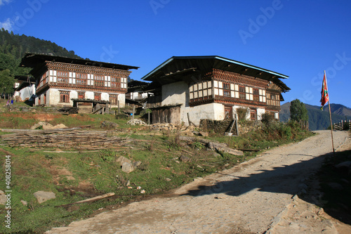 houses in a village in the phojika valley in bhutan