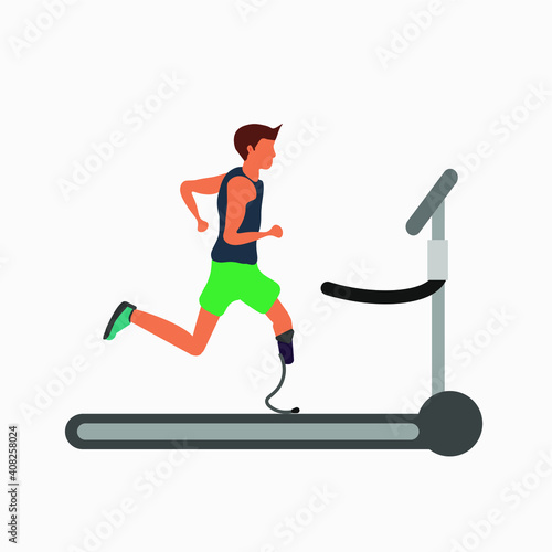 Caucasian man with prosthesis and leg brace jogging running