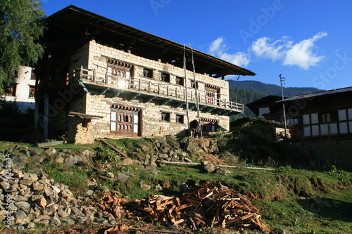 houses in a village in the phojika valley in bhutan photo