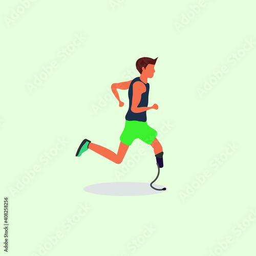 Caucasian man with prosthesis and leg brace jogging running
