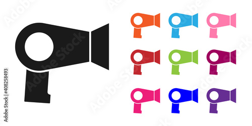 Black Hair dryer icon isolated on white background. Hairdryer sign. Hair drying symbol. Blowing hot air. Set icons colorful. Vector.