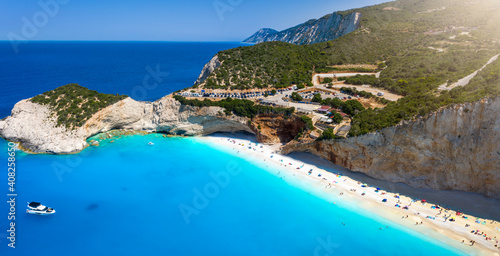 Aerial view of Porto Katsiki beach,  Lefkada island, Ioanian Sea, Greece, with fluorescent, turquoise colored ocean during summer time photo