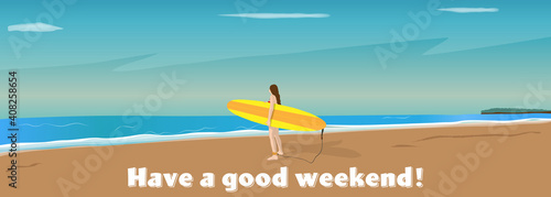 Woman standing on the beach holding a surfboard and trying to ride the waves. vector illustration, background, web header, footer, flier, blue, sky, sea, sunny, frame, copy space, summer, landscape