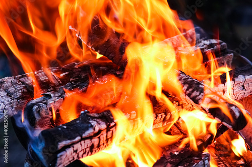 A Fire with coals and fire on nature picnic background. Burns out a bonfire for food on the street