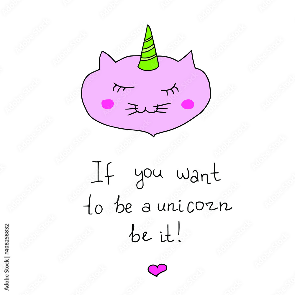 A cute kitten who dreams of becoming a pink unicorn. Great print for T-shirts, cups, as well as for postcards. A cute kitten who dreams of becoming a pink unicorn. Great print for T-shirts, cups, as well as for postcards.