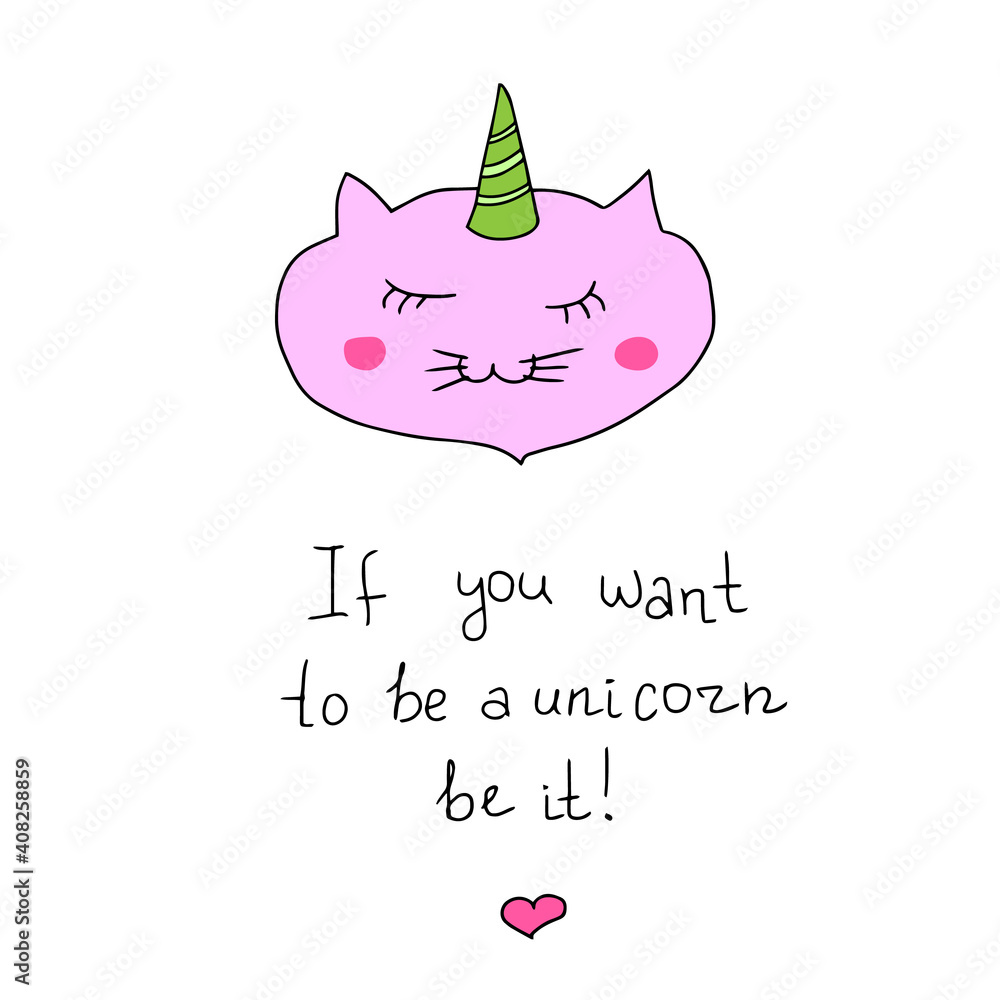 A cute kitten who dreams of becoming a pink unicorn. Great print for T-shirts, cups, as well as for postcards. A cute kitten who dreams of becoming a pink unicorn. Great print for T-shirts, cups, as well as for postcards.
