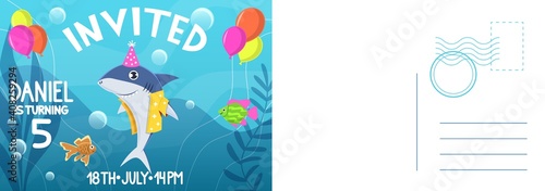 Birthday invitation card. Holiday card with flat bright colorful shark and balloons, letter template with congratulate text, kids birthday party greeting cards vector cartoon illustration