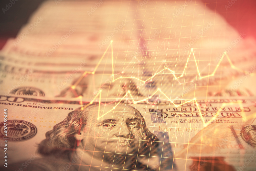 Double exposure of forex graph drawing over us dollars bill background. Concept of financial markets. Double exposure of forex graph drawing over us dollars bill background. Concept of financial markets.