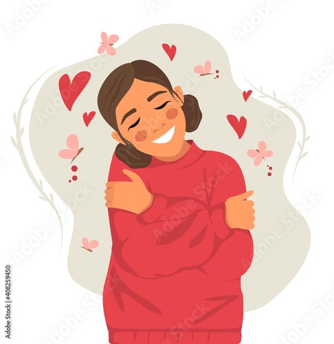 Canvas-taulu Woman hugs herself with hearts and butterflies on a white background