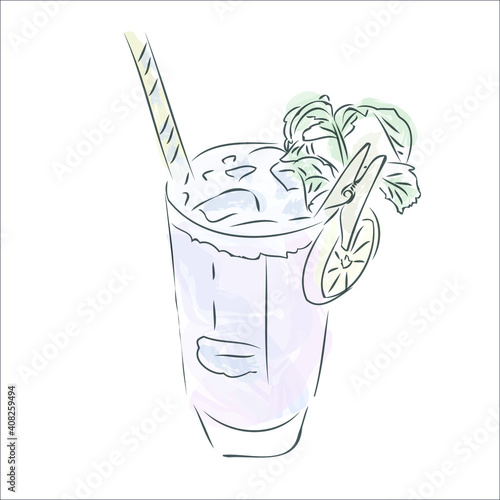 cocktail with a straw. glass, drink. bar, party.black and white cocktail with basil and lemon. alcoholic cocktail, non-alcoholic cocktail. a glass with a drink. vector eps 10