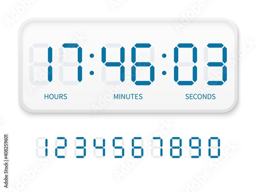 Digital clock numbers. Flat electron watch screen modern white alarm time display, timer bar font with hours, minutes and seconds. Countdown timer. Interface vector illustration