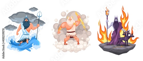 Three main greek gods. Cartoon Zeus, Poseidon and Hades elements surrounded, waves, clouds and fire environment, ancient mythology. Characters on olympus mount, vector cartoon concept