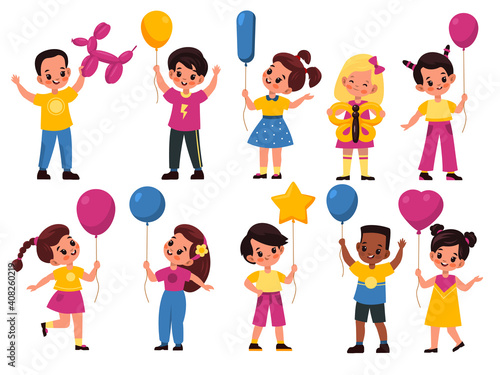 Kids with balloons. Cartoon fun happy girls and boys hold balls, little children play with balloon different shapes. Birthday party collection, vector bright flat style isolated set
