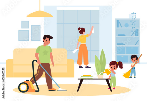 Children helping parents. Family joint house cleaning in living room interior. Cartoon father, mother and kids household, people washing and vacuuming. Housekeeping chores vector concept