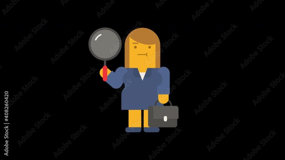 Business woman holding magnifying glass and holding suitcase. Alpha channel Business woman holding magnifying glass and holding suitcase. Alpha channel