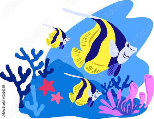 World Oceans Day. The celebration dedicated to help protect, and conserve world oceans, water, ecosystem. Vector images sea waves, fish and plant