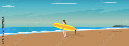  Woman standing on the beach holding a surfboard and trying to ride the waves.  landscape, vector illustration, background, web header, footer, flier, blue, sky, sea, sunny, frame, copy space, summer,