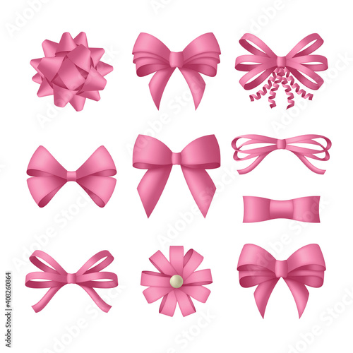 Decorative pink bow with ribbons. Gift box wrapping and holiday decoration. Vector illustration