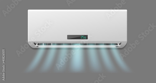 Realistic white conditioner. Hot or cold blowing air. Fresh airing flow in apartment, ventilation and conditioning system, electrical appliance vector climate maintenance 3d object