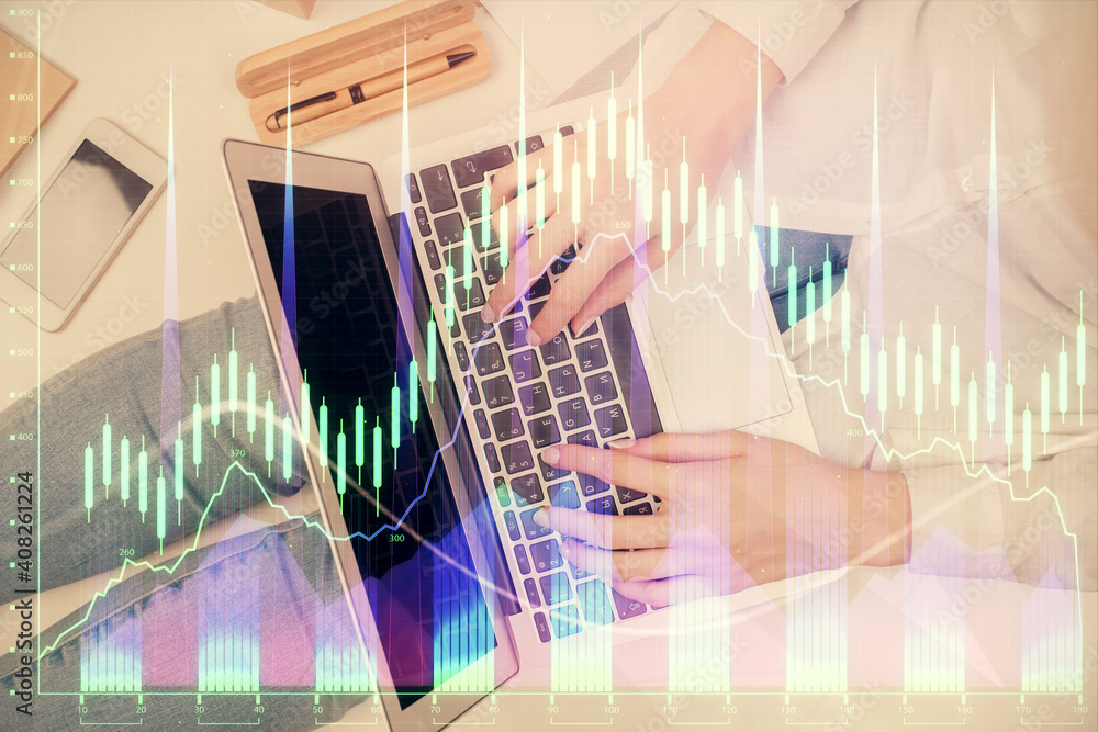 Double exposure of woman hands working on computer and forex graph hologram drawing. Top View. Financial analysis concept. Double exposure of woman hands working on computer and forex graph hologram drawing. Top View. Financial analysis concept.
