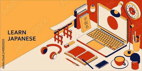 Learn Japanese language isometric concept with open laptop, books, headphones and tea. Translation Japanese language