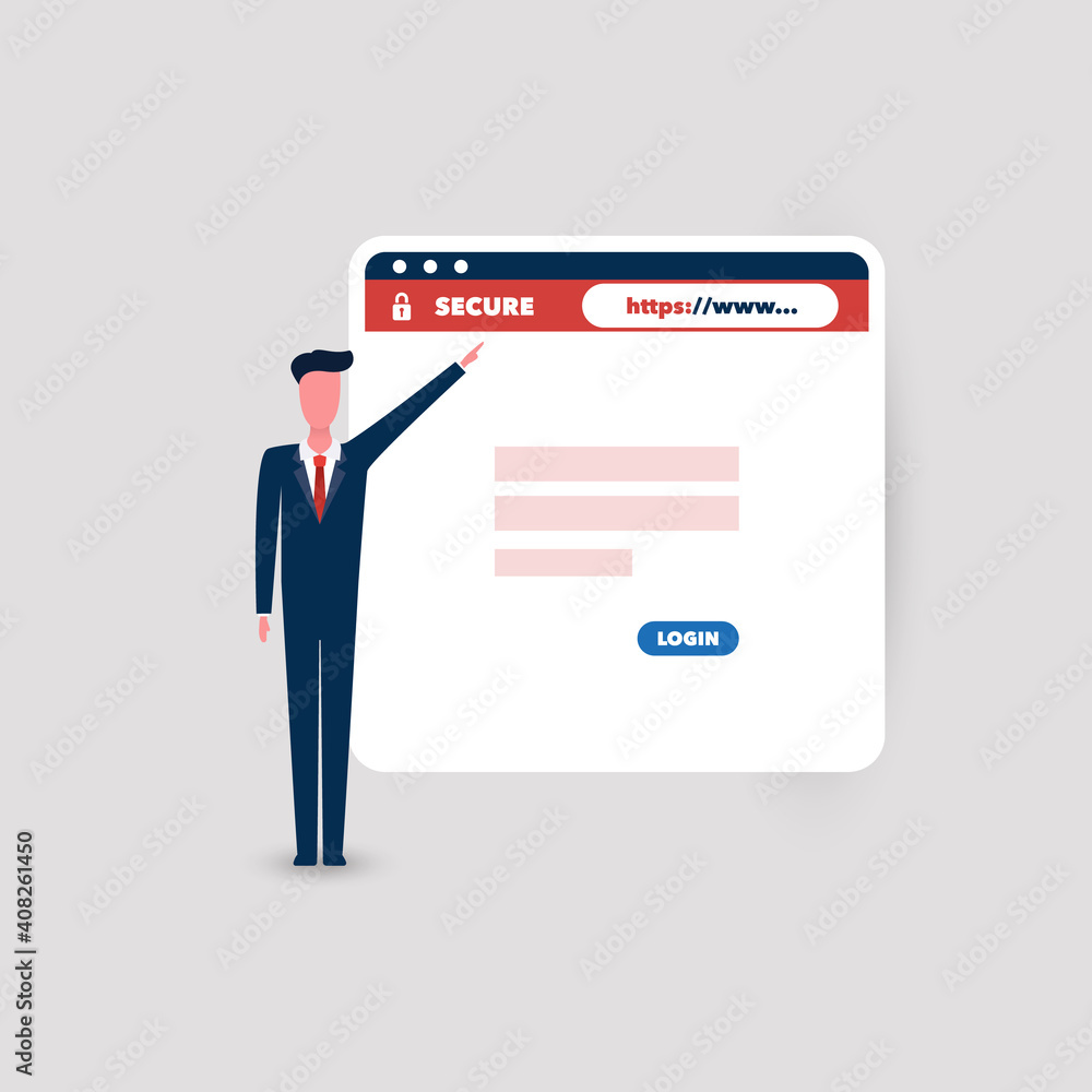 HTTPS Protocol - Make Sure It Is Safe - Secure Website for All Businesses - Business Man Proudly Showing the Safe Web Site of His Company - Vector Concept HTTPS Protocol - Make Sure It Is Safe - Secure Website for All Businesses - Business Man Proudly Showing the Safe Web Site of His Company - Vector Concept