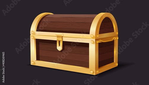 Treasure chest. Medieval mystery pirate treasures illustration for cartoon game, wooden and golden metal stripe closed vintage trunk, prize profit or success symbol vector isolated object
